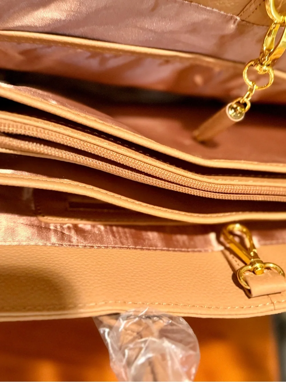 Joy & IMAN Warm Camel Structured Tote Handbag NWT Organizer Bag w/ Flashlight